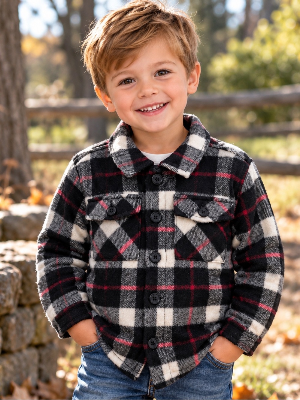 George Boys 4T Plaid Flannel Shirt Jacket | Black White Red